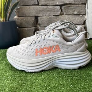 HOKA Women's Neutral Running Shoes in Light Gray with Peach Logo